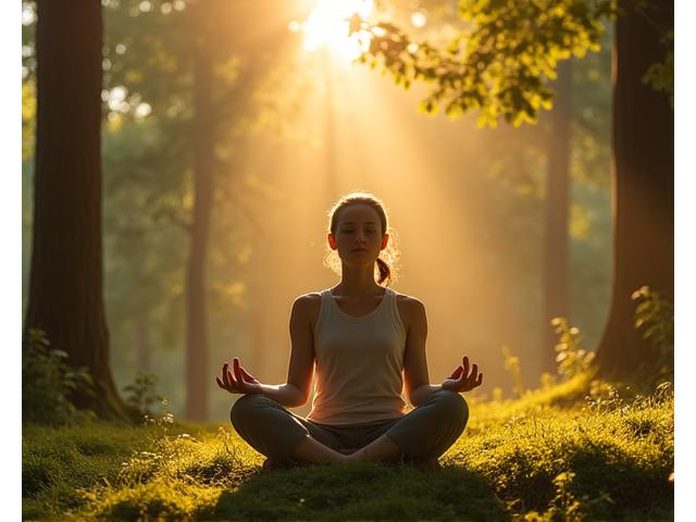 Persona immersa nella meditazione in un bosco sereno, luci calde filtrano tra gli alberi.