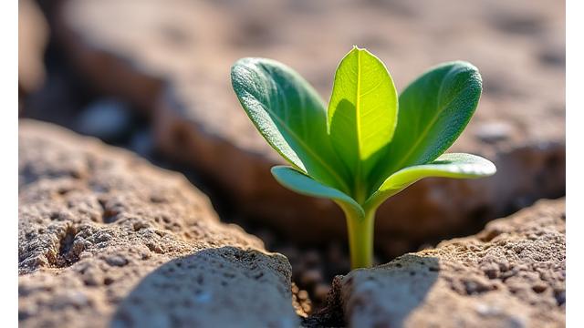 Pianta verde che cresce su roccia, simboleggiando resilienza e crescita.