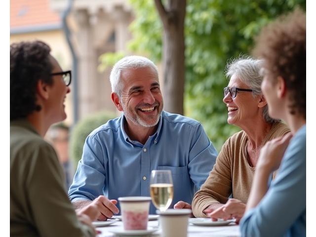 Due amici che ridono e parlano in un contesto sociale all'aperto, simboleggiando connessioni positive.