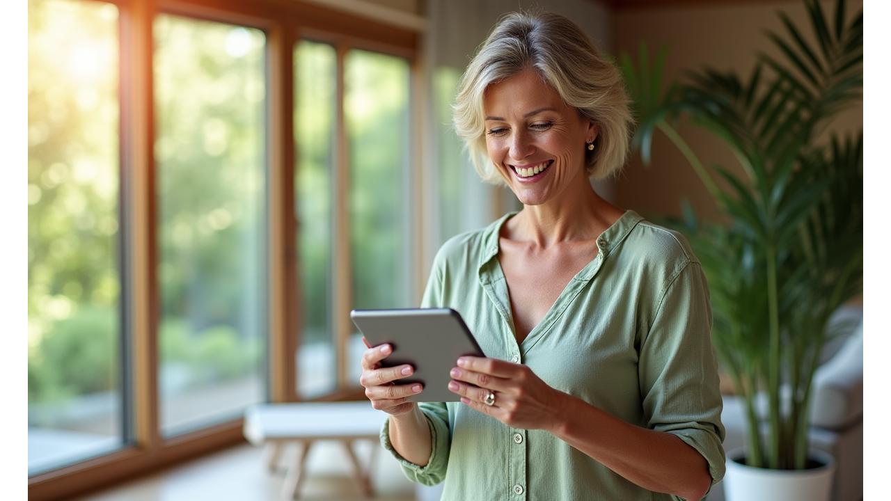 Donna che sorride leggendo un articolo sul tablet in un ambiente luminoso e naturale