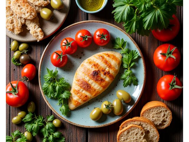 Tavola imbandita con cibi freschi e colorati tipici della dieta mediterranea