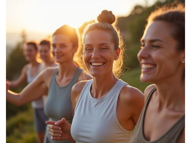 Un gruppo di persone sorridenti e sicure di sé di diverse età che partecipano ad una lezione di yoga all'aperto, simboleggiando la community e il benessere di Bosco Sano.