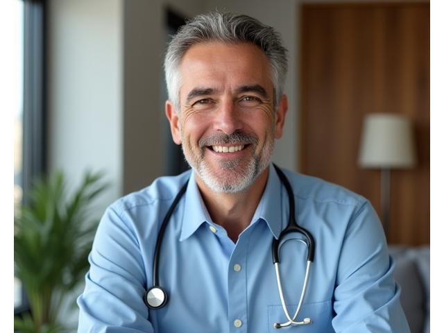 Un medico nutrizionista che parla con un utente online, sorridendo e fornendo consigli.