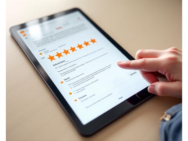 Una mano che digita su un tablet con un modulo di feedback, stelle di valutazione e icone di discussione.