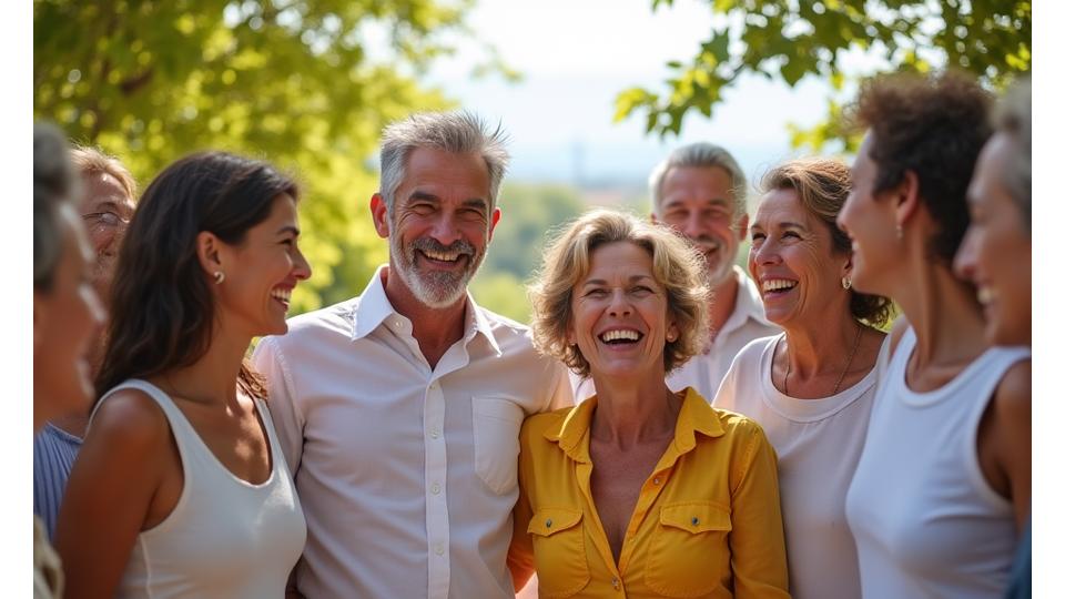 Gruppo eterogeneo di persone adulte e sorridenti che si incontrano in un ambiente naturale aperto, simboleggiando una community unita.