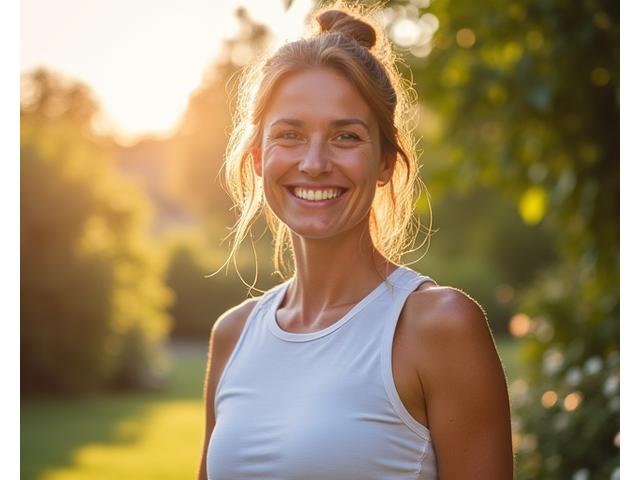 Giovane donna sorridente dopo aver perso peso in un ambiente naturale.