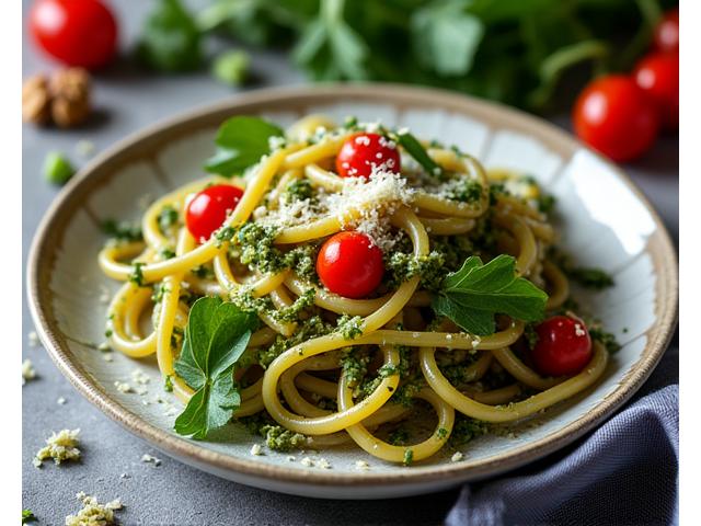 Un piatto colorato e salutare di pasta integrale con verdure fresche.