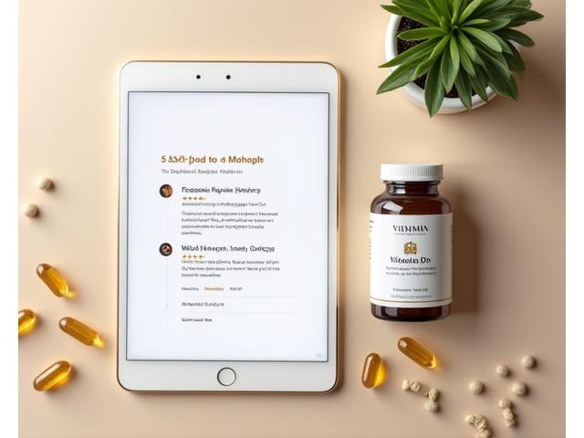 Una confezione di integratori naturali con un tablet che mostra una recensione a 5 stelle.