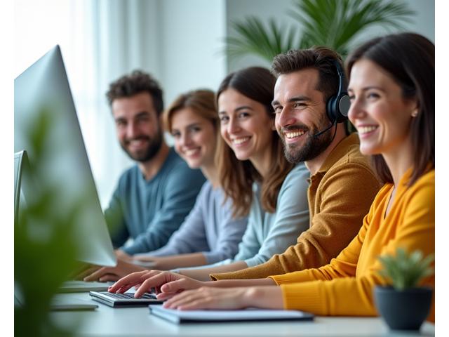 Un team di persone sorridenti e professionali che collaborano in un ambiente ufficio luminoso, simboleggiando supporto personalizzato e l'approccio umano di Bosco Sano.