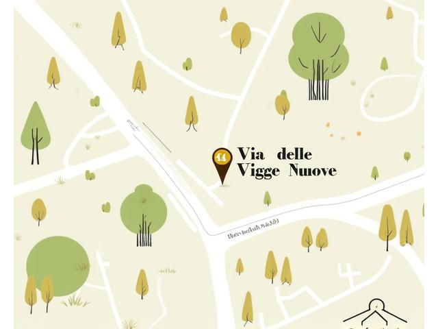 Mappa stilizzata della città di Roma con un segnaposto sull'indirizzo di Bosco Sano in Via delle Vigne Nuove, circondato da elementi naturali come alberi e percorsi pedonali.