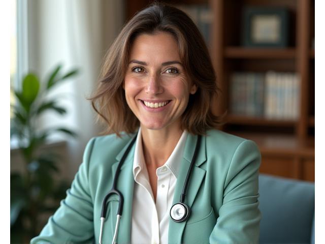 Ritratto del Dr.ssa Sofia Rossi, cardiologa nutrizionale, che sorride in un ambiente professionale luminoso.