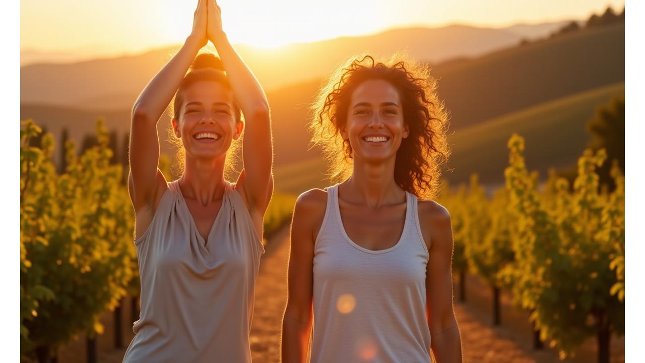 Coppia italiana matura sorridente che fa yoga all'aperto, vista sulla campagna toscana al tramonto, con colori caldi e sereni