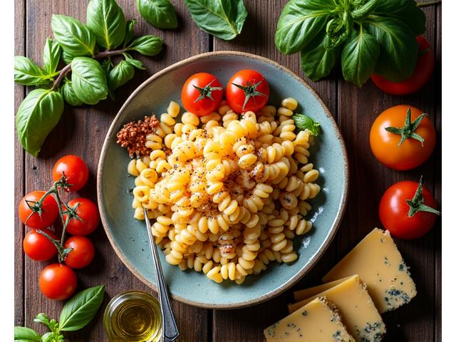 Piatto colorato di cibo mediterraneo fresco e sano su un tavolo di legno chiaro, con ingredienti naturali e luminosi