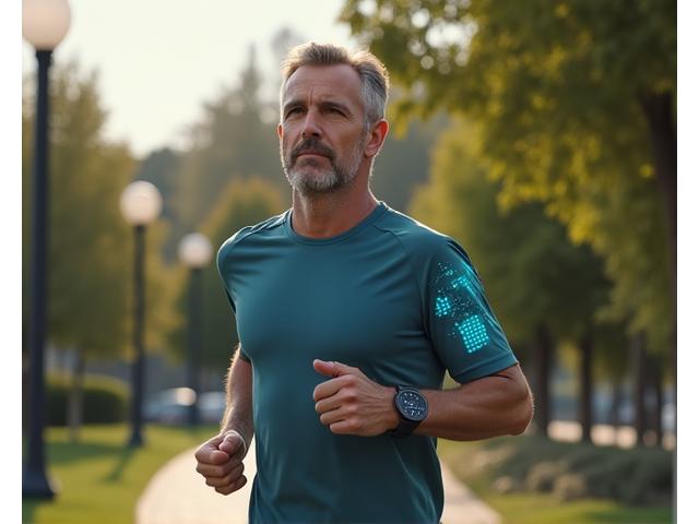Uomo che indossa uno smartwatch che traccia i parametri vitali mentre fa jogging in un parco, con display futuristico e dati sovrapposti