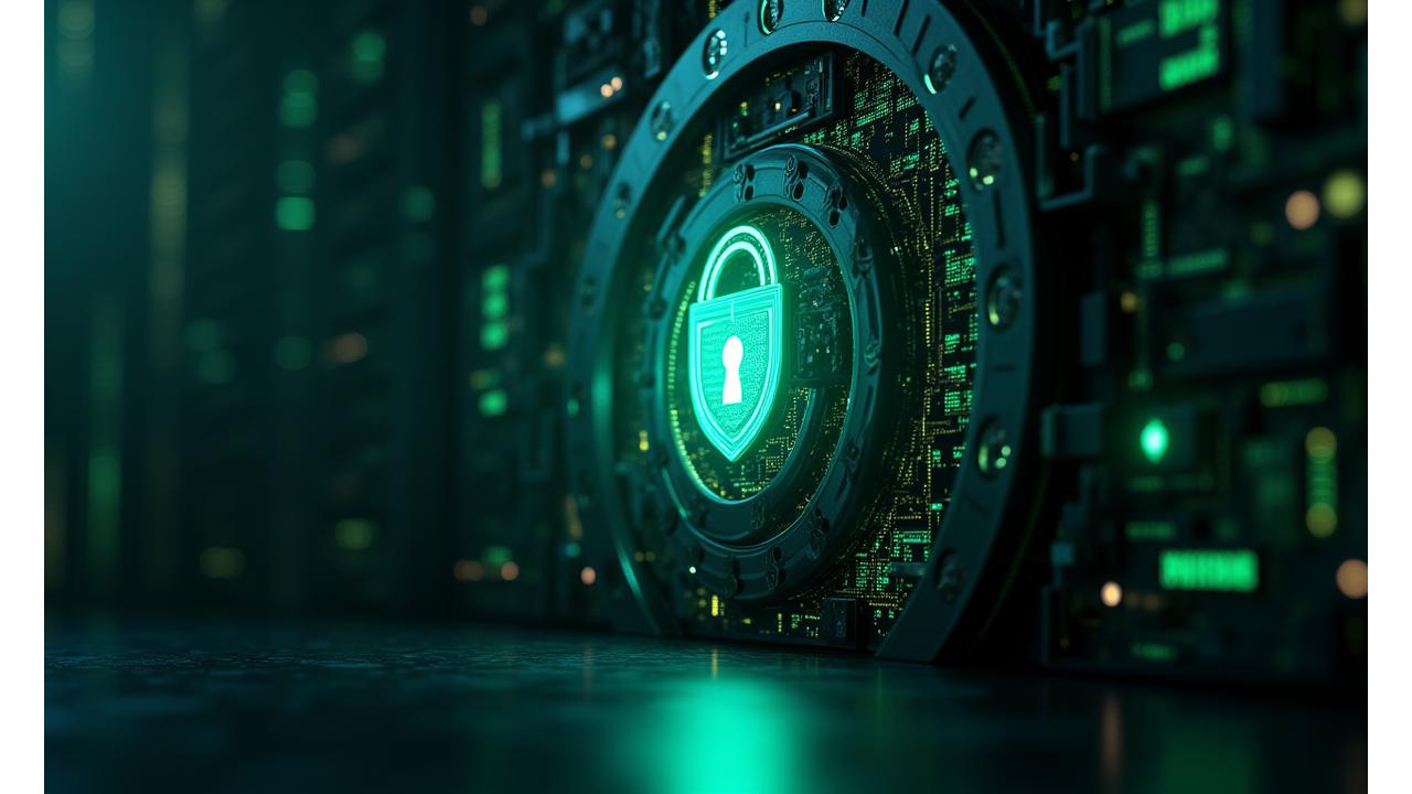 Icona stilizzata di un caveau digitale con lucchetti e scudi, su sfondo di circuiti integrati.
