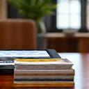 Pile di libri sul benessere e uno schermo tablet che mostra un'app di corsi online