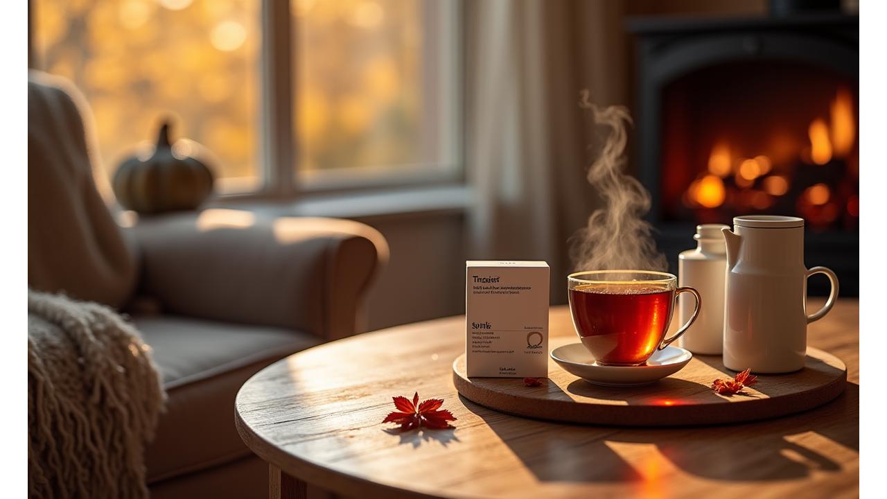 Foglie autunnali, tazza calda e prodotti per il supporto immunitario per autunno/inverno