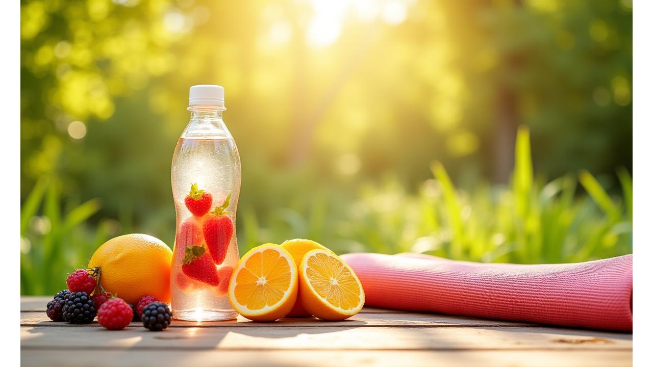 Frutta fresca, creme solari e attrezzi per fitness all'aperto per primavera/estate
