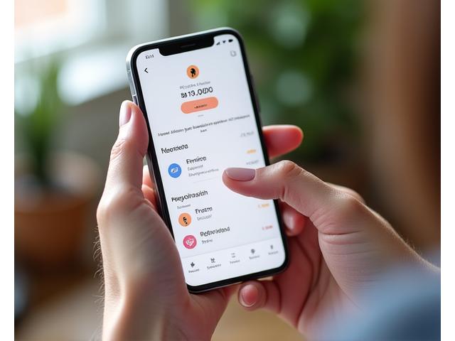 Primo piano di una mano che interagisce con un'app di benessere su uno smartphone, mostrando un programma giornaliero.
