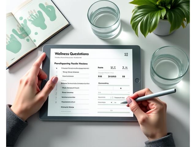 Donna che compila un questionario di benessere dettagliato su un tablet, circondata da grafici e appunti.