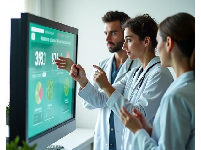 Gruppo di esperti del wellness (nutrizionisti, trainer) che discutono e validano un piano di benessere su un monitor.