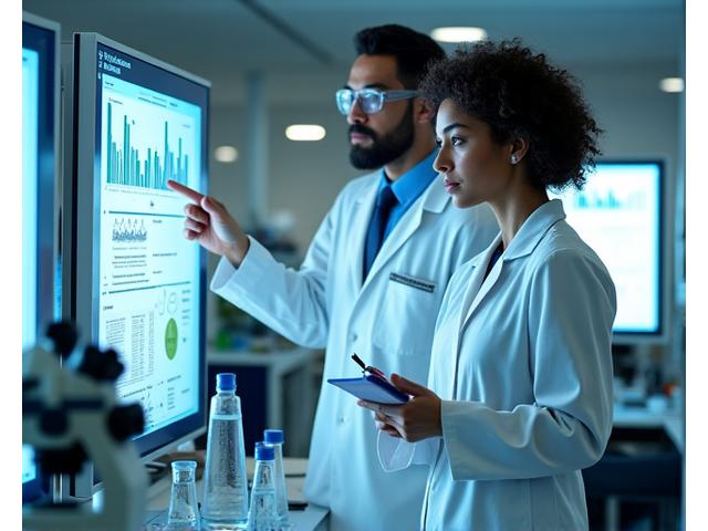 Ricercatori che analizzano dati e formule su grandi schermi in un laboratorio moderno.