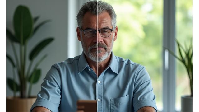 Marco, 55 anni, prima e dopo un programma di benessere per la gestione dello stress.