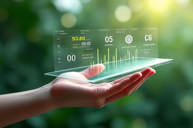 Persona che analizza dati biometrici su tablet con grafici di benessere, in uno scenario futuristico ma naturale