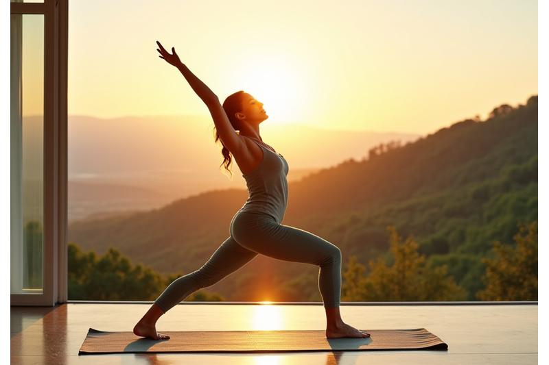 Donna sorridente che pratica yoga all'alba in una casa moderna, simboleggiando benessere e trasformazione personale