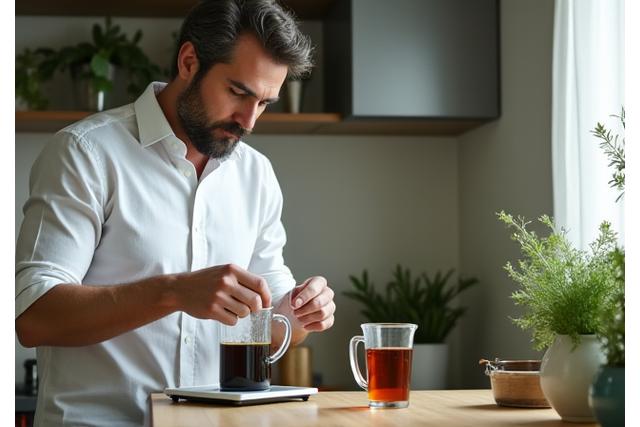 Uomo che prepara caffè sano con attenzione, circondato da strumenti per biohacking mattutino
