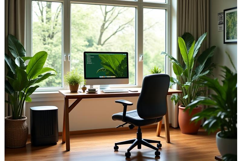 Ufficio casalingo ergonomico e ben illuminato con piante e tecnologia smart