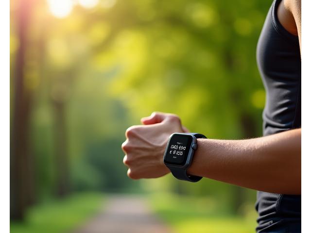 Donna che corre con smartwatch al polso